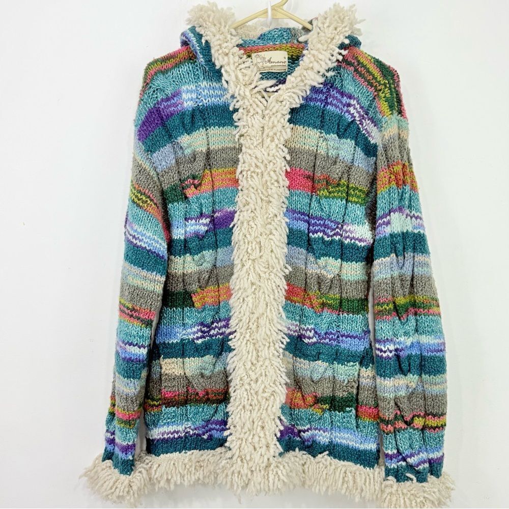 Amano Artisan Handmade Colorful Stripe Hooded Boho Fringe Retro Cardigan Sweater - Picture 7 of 12